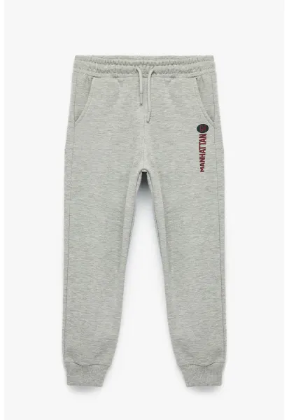 Pantaloni de trening cu snur si imprimeu - Gri deschis melange