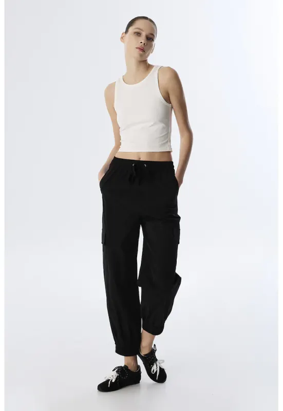 Pantaloni de trening cu talie inalta si ajustabila - Negru