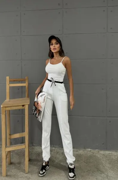 Pantaloni de trening dama, talie inalta si snur, albi