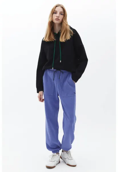 Pantaloni de trening din amestec de bumbac cu talie inalta - Albastru deschis