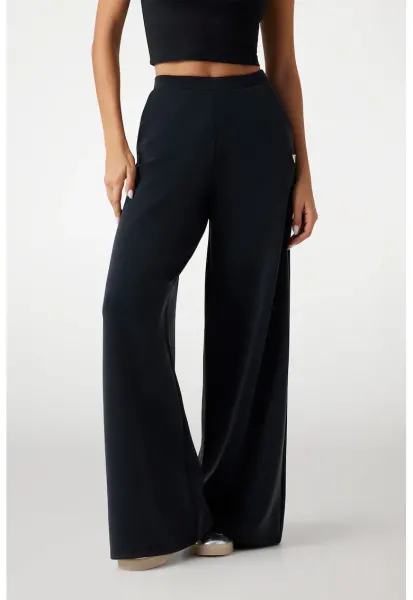 Pantaloni de trening din amestec de modal cu talie inalta - Negru