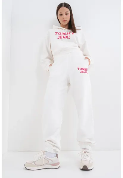 Pantaloni de trening din bumbac cu logo - Roz zmeuriu/Alb optic