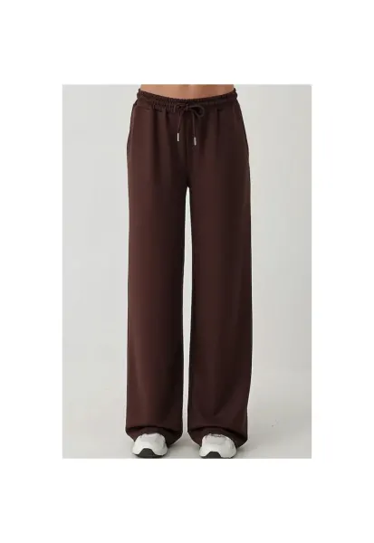 Pantaloni de trening -  picior larg - talie inalta - maro castaniu - textil
