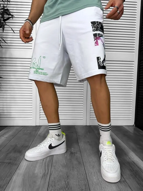 Pantaloni de trening scurti albi   cu imprimeu Y243  O3-7