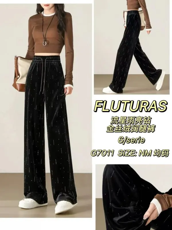 Pantaloni Engros pentru femei,evazat larg ,negru cu sclipici, tip sport, casual, cu talie inalta [CLONE]