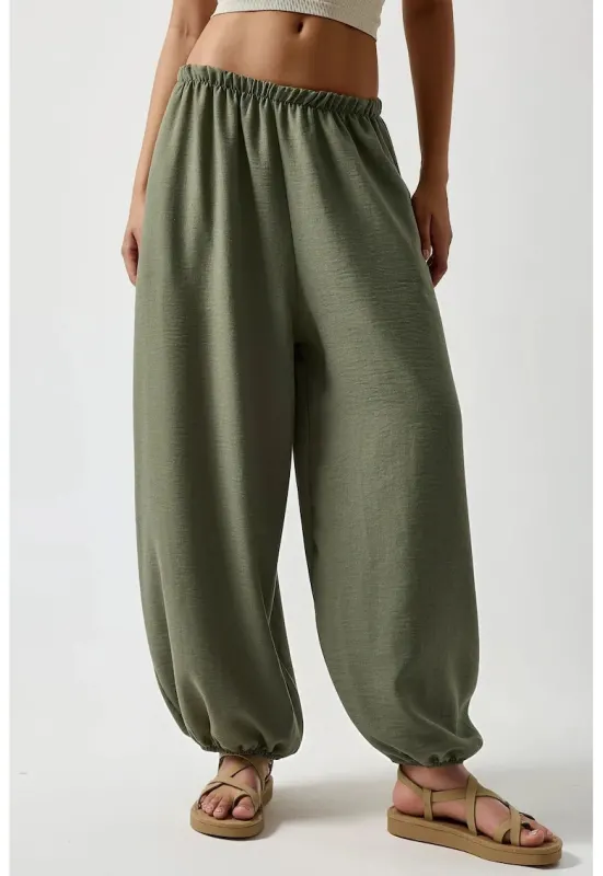 Pantaloni jogger - largi - talie joasa - verde - poliester