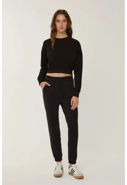 Pantaloni sport dama - basic - negri - bumbac-elastan - design modern