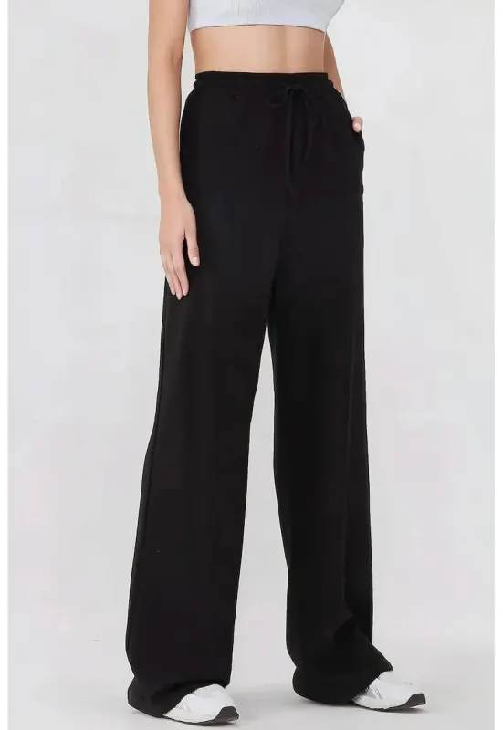 Pantaloni sport dama - talie elastica - croiala larga - negru - textil