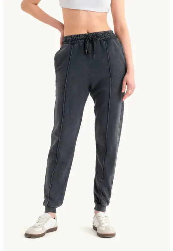 Pantaloni sport dama - talie medie - talie elastica - buzunar - picior drept - gri - textil