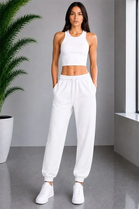 Pantaloni sport Lorenza, cu snur si mansete elastice, Alb