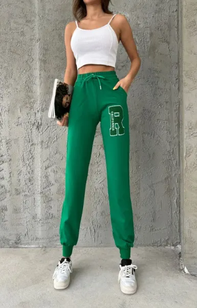 Pantaloni sport pentru femei, uni, cu model brodat R, Verde