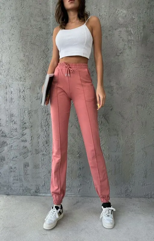 Pantaloni sport pentru femei, uni, cu talie inalta, Roz