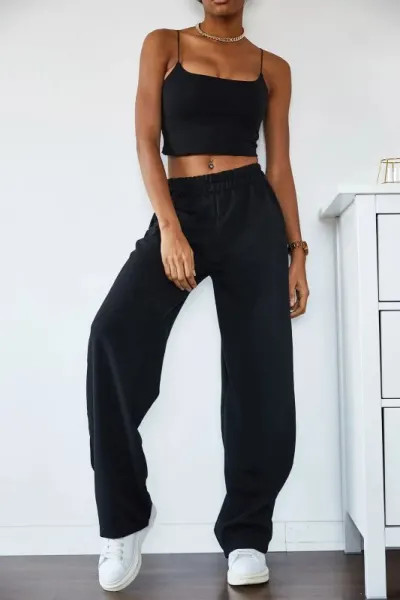 Pantaloni trening femei Jumeon, 100% bumbac, negru, 215XHN1305