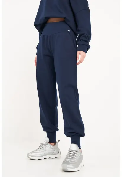 Pantaloni uni de trening cu talie inalta - Bleumarin