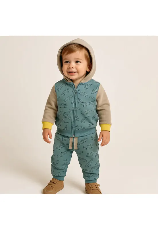 Set 2 piese sport: Bluza cu maneca lunga si gluga - pantaloni imprimati  - Super Skater - Verde Mint si Bej - pentru baietei - Verde