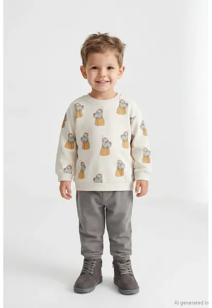Set de bluza de trening din bumbac cu model si pantaloni - Galben/Gri/Alb murdar