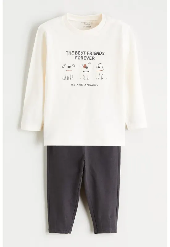 Set de bluza de trening din bumbac si pantaloni - 2 piese - Alb/Gri antracit
