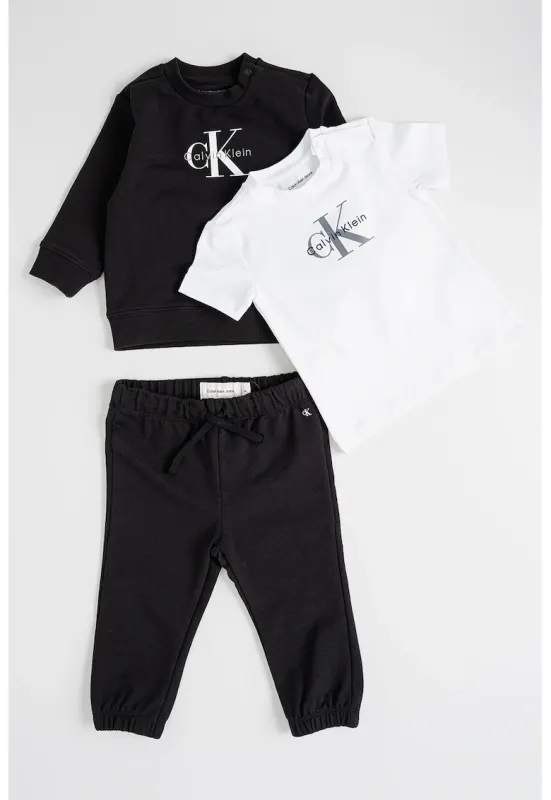 Set de bluza de trening - tricou si pantaloni de trening din amestec de bumbac organic - 3 piese - Alb/Negru
