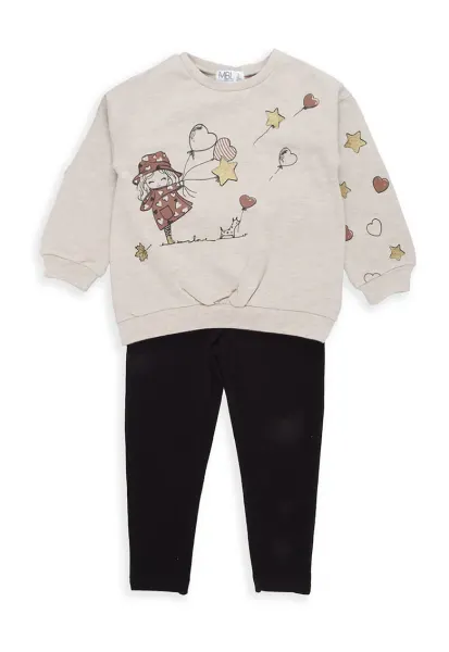 Set de pantaloni si bluza de trening cu imprimeu - 2 piese - Negru/Maro nisip