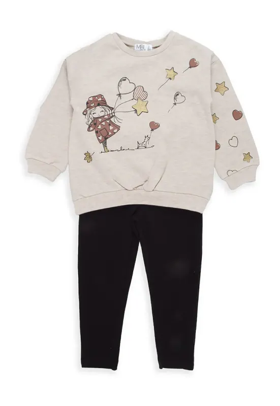 Set de pantaloni si bluza de trening cu imprimeu - 2 piese - Negru/Maro nisip