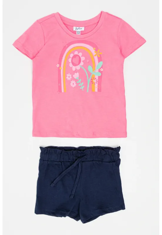 Set de tricou de bumbac si pantaloni scurti - 2 piese - Roz deschis/Bleumarin