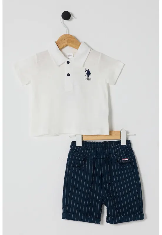 Set de tricou din bumbac si pantaloni scurti - 2 Piese - Alb murdar/Bleumarin