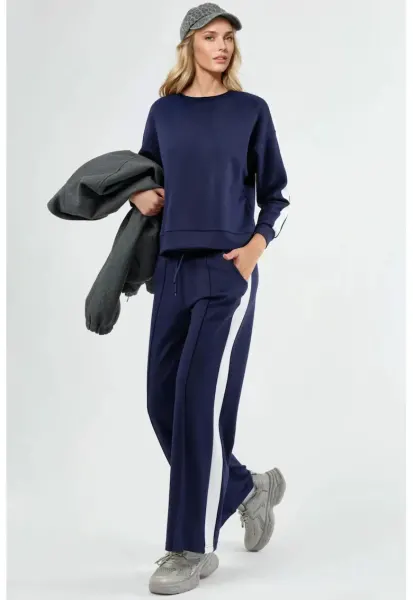 Set din doua piese -  pantaloni cu talie inalta - picioare largi - bleumarin
