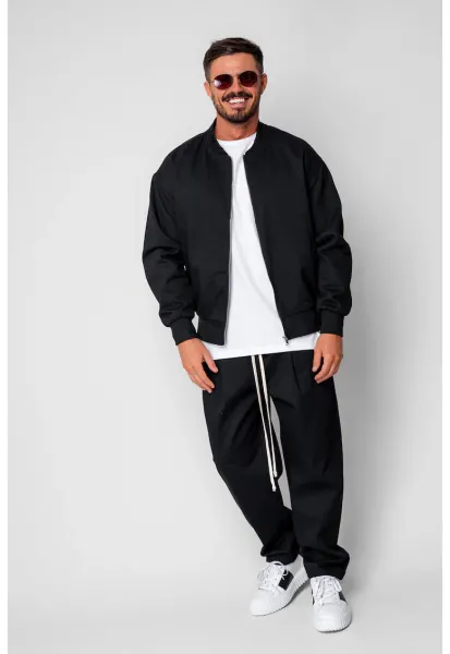 Set Jacheta cu fermoar si pantalon lung drept Black 19900 - Negru