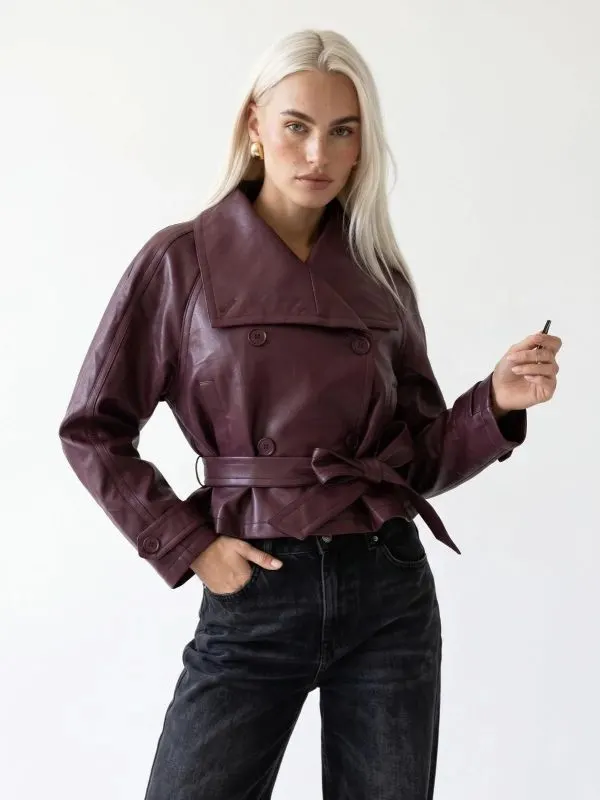 Steph Faux Leather Cropped Jacket in Wine - Wine / L