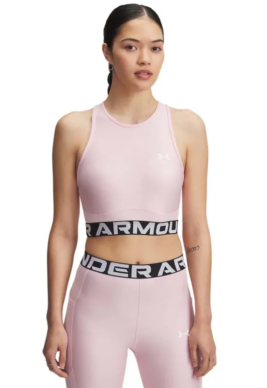 Top crop cu banda logo pentru fitness - Alb/Roz pal