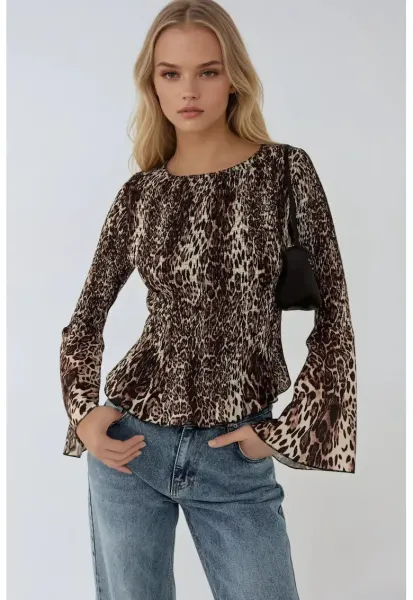 Top dama -  animal print - decolteu tip barca - multicolor - poliester