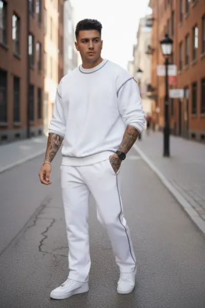 Trening barbati slim fit alb Pantaloni + Hanorac cu mic defect DEFK008 P18-1.3