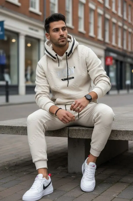 Trening barbati slim fit bej  Pantaloni + Hanorac 5025 108-3