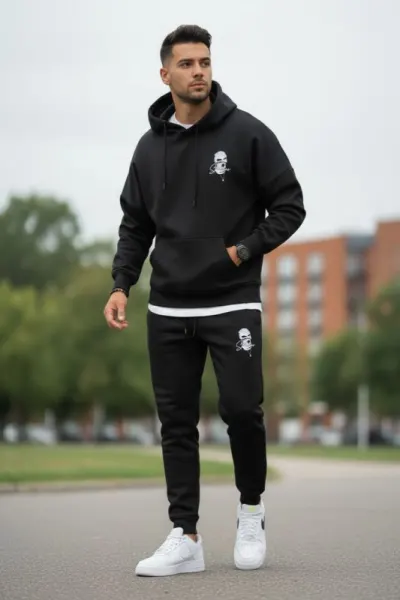 Trening barbati slim fit negru  Pantaloni + Hanorac  vatuit  RM58 39-5