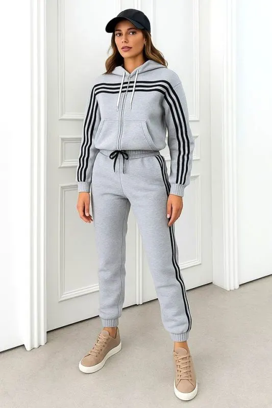 Trening cu gluga VELORA, vatuit, bluza cu fermoar si pantaloni, Gri