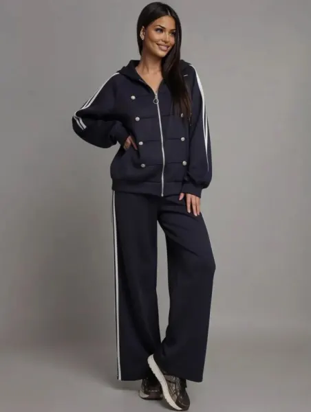 Trening dama bleumarin cu nasturi stil Napoleon si pantaloni largi Nikita