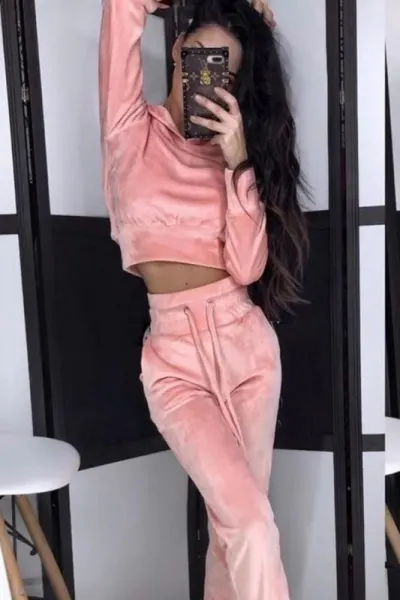 Trening dama casual, din catifea, roz, cu gluga Denisse