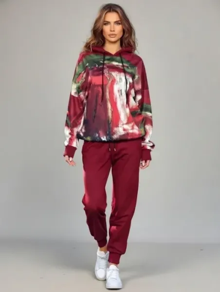 Trening dama din catifea cu hanorac imprimat si pantaloni jogger ,   bordo