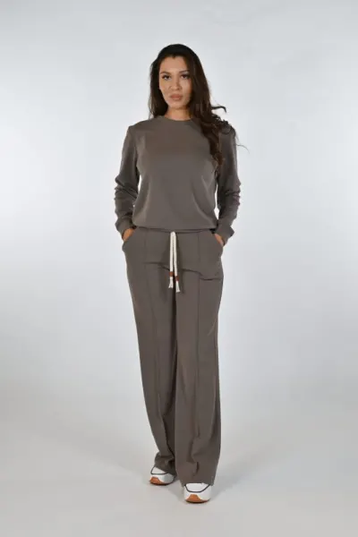 Trening Dama Gri Bluza si Pantaloni cu Buzunare si Snur