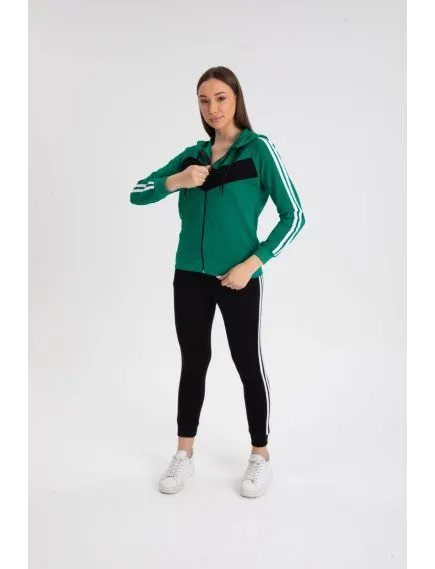 Trening doua piese dama din bumbac, cu dungi laterale negru/verde