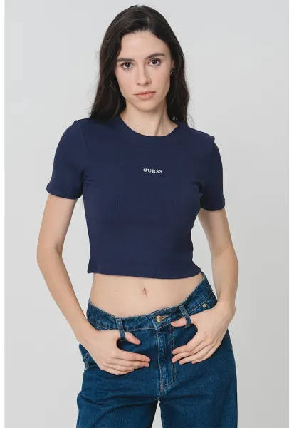 Tricou crop cu logo - pentru fitness - Alb murdar/Bleumarin
